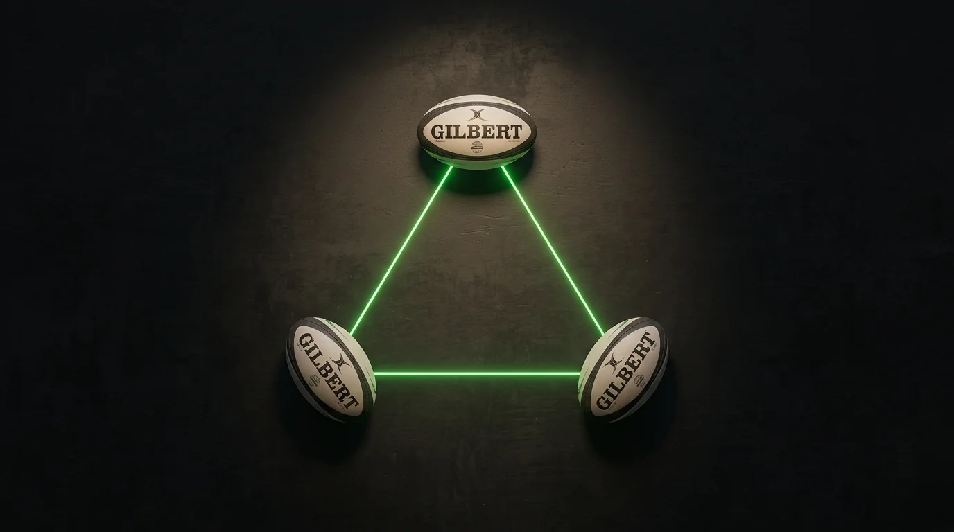Diagrama de una apuesta combinada de rugby con tres selecciones conectadas y cálculo de cuota acumulada