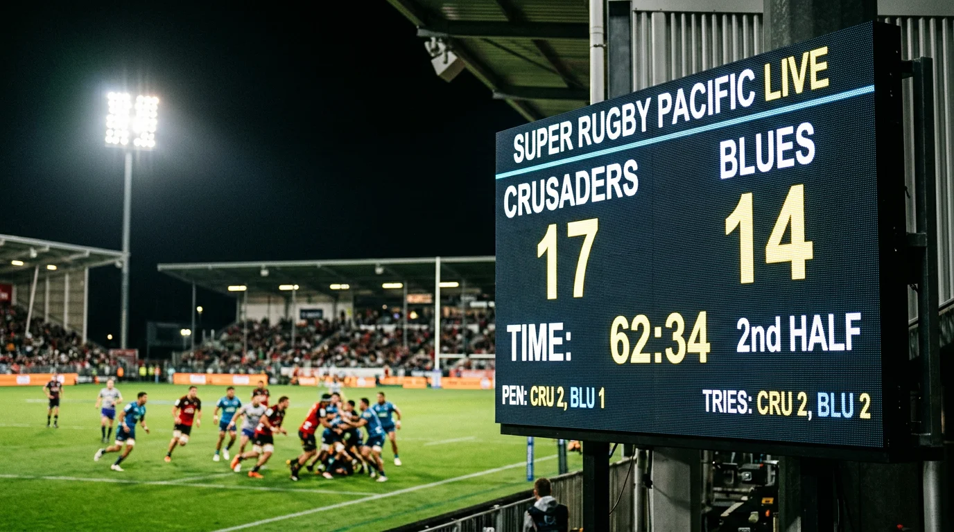 Pantalla de apuestas en vivo durante un partido de Super Rugby Pacific con cuotas cambiando en tiempo real