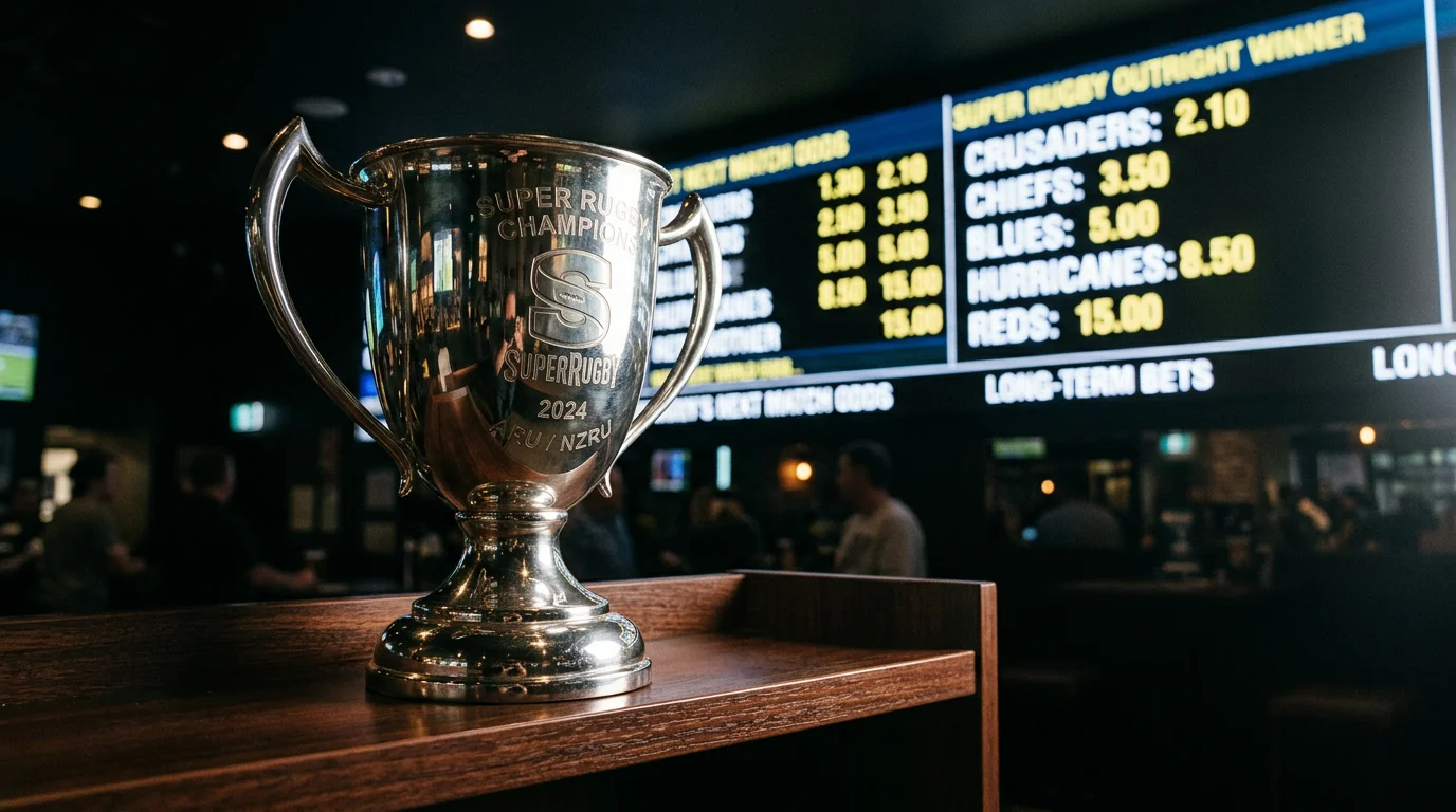 Trofeo de Super Rugby Pacific con cuotas de futuros para los principales equipos candidatos al título 2026