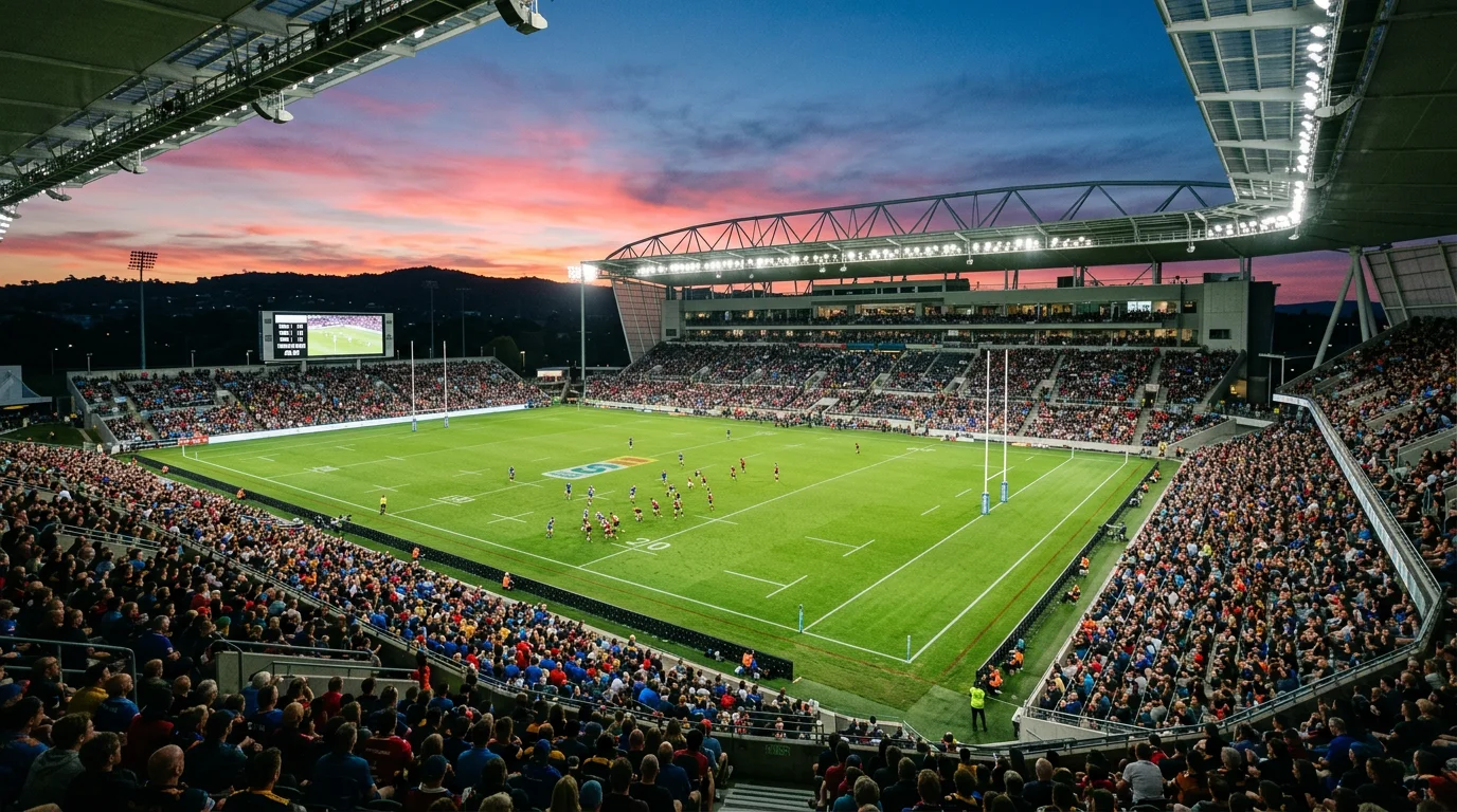 Estadio de Super Rugby Pacific con las gradas llenas durante un partido nocturno