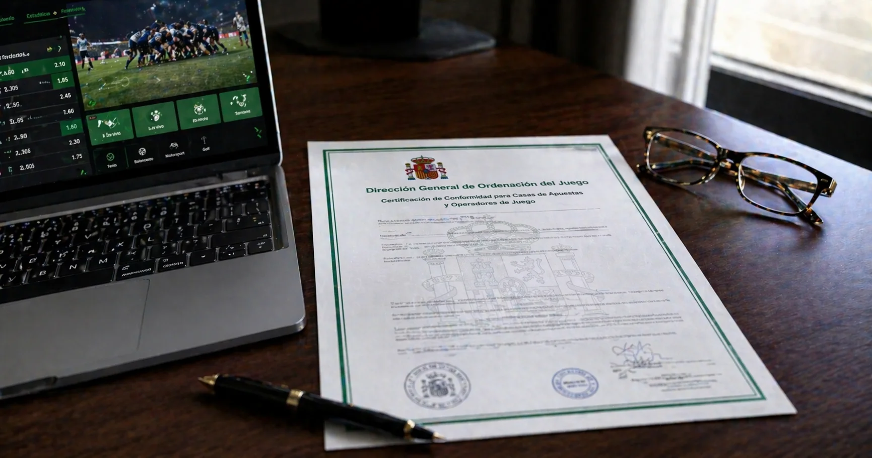 Documento oficial de licencia de la DGOJ sobre un escritorio junto a un portátil con mercados de rugby