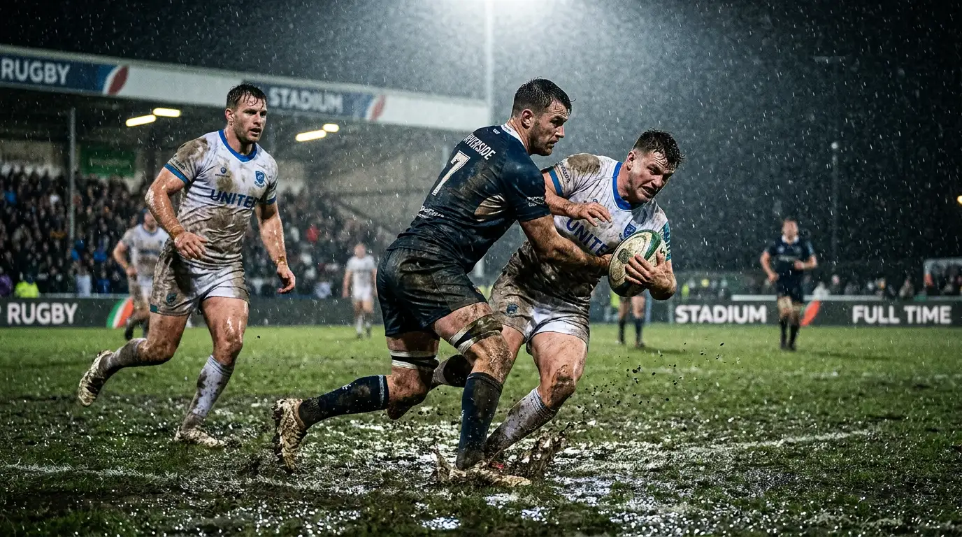 Partido de rugby bajo lluvia intensa con efecto visible en el manejo del balón y las condiciones de juego