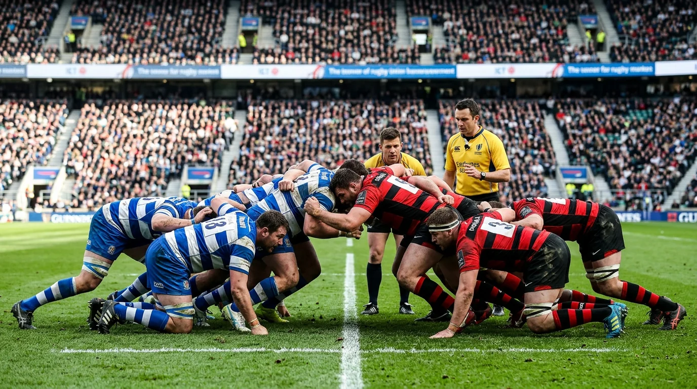 Comparación visual entre un scrum de Rugby Union con 8 jugadores y una formación de Rugby League con 6 jugadores
