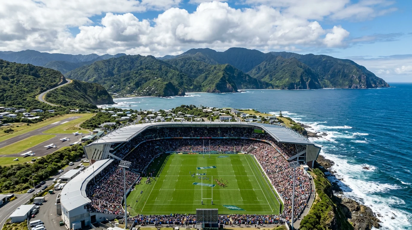 Mapa del Pacífico mostrando rutas de viaje entre sedes de Super Rugby Pacific con indicadores de husos horarios