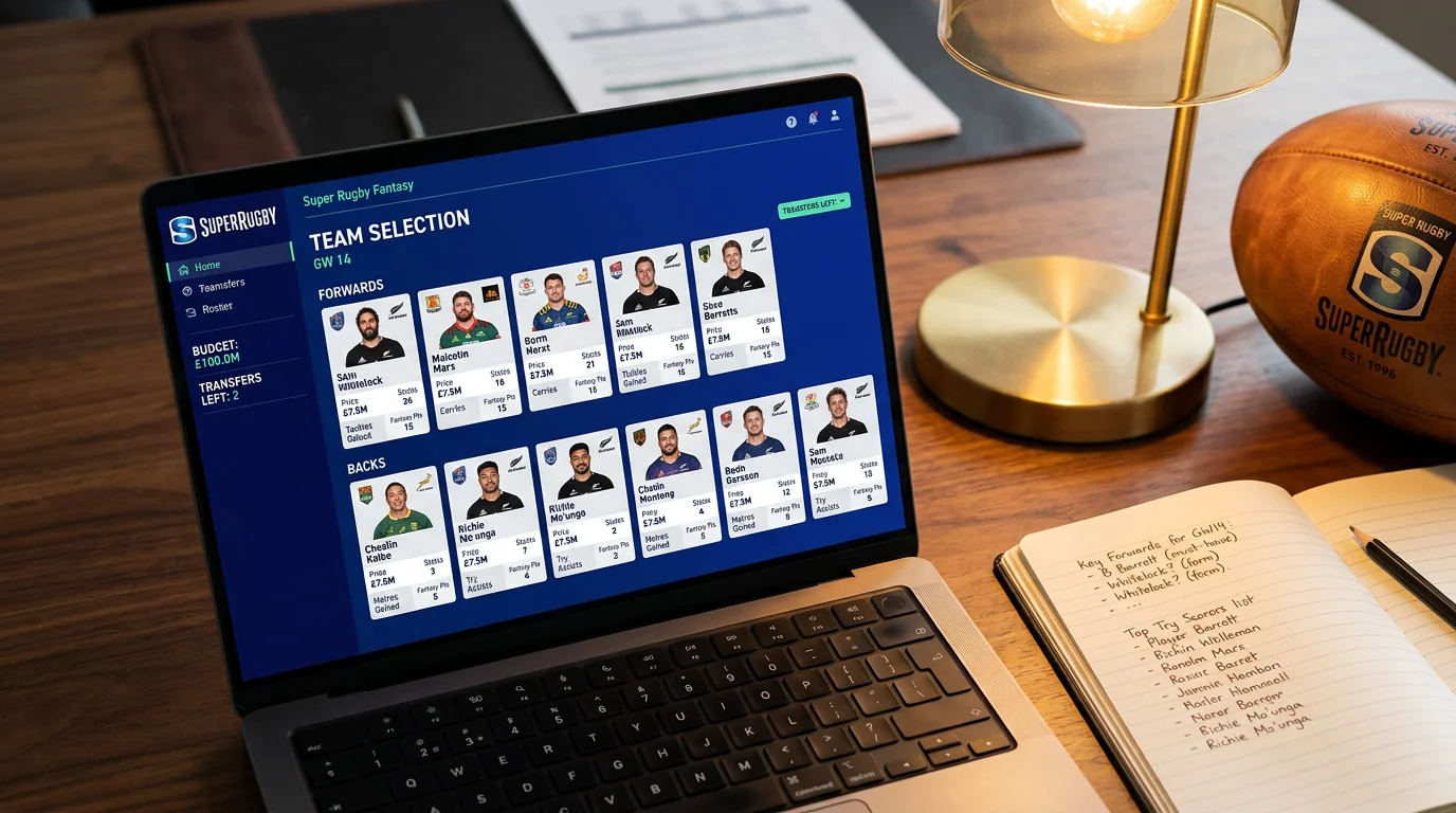 Interfaz de Fantasy Super Rugby mostrando selección de jugadores y puntuaciones con datos analíticos destacados