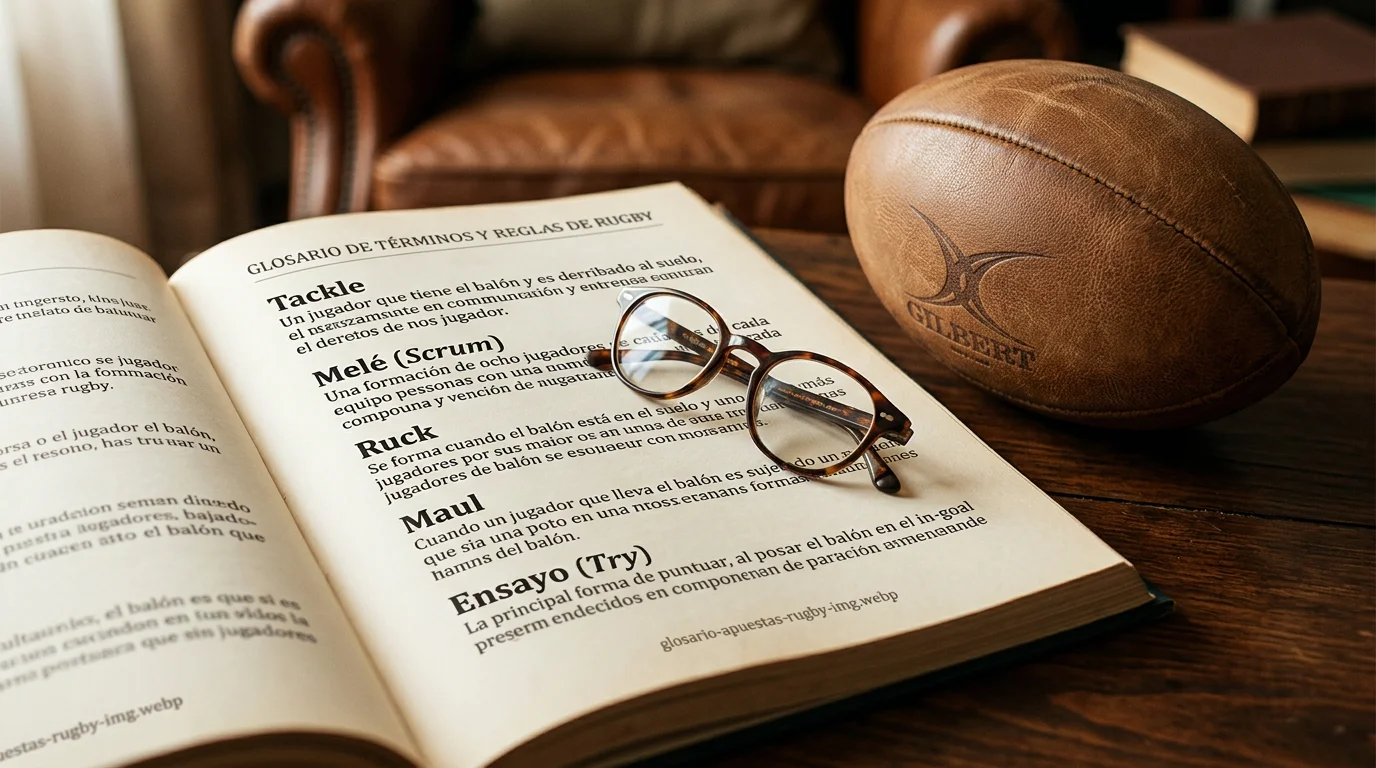 Página de glosario con términos de rugby y apuestas deportivas organizados alfabéticamente con definiciones concisas