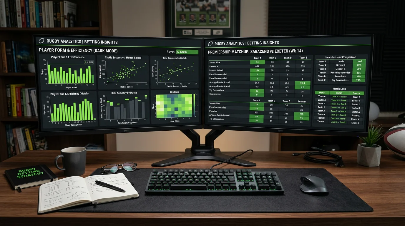 Dashboard analítico con estadísticas de rugby incluyendo datos de scrum, lineout y rendimiento de equipos de Super Rugby