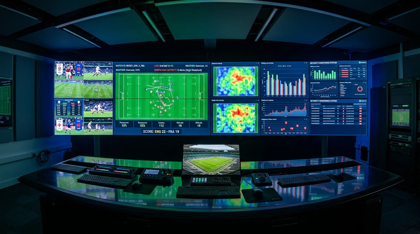 Centro de monitorización deportiva con pantallas mostrando datos en tiempo real de partidos de rugby analizados por sistemas de integridad