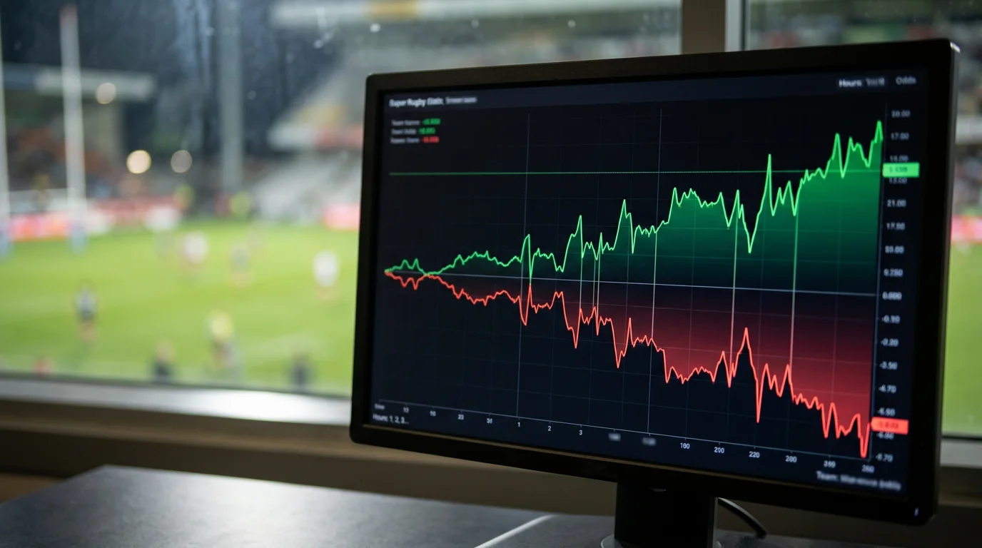 Gráfico temporal mostrando el movimiento de la línea de cuotas de un partido de Super Rugby desde apertura hasta cierre