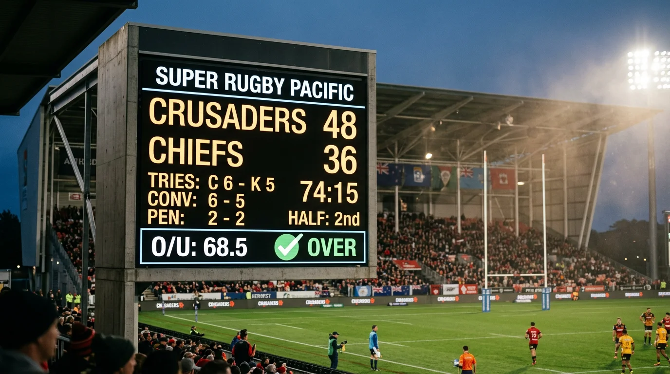 Gráfico de totales de puntos en partidos de Super Rugby Pacific con línea de over/under marcada