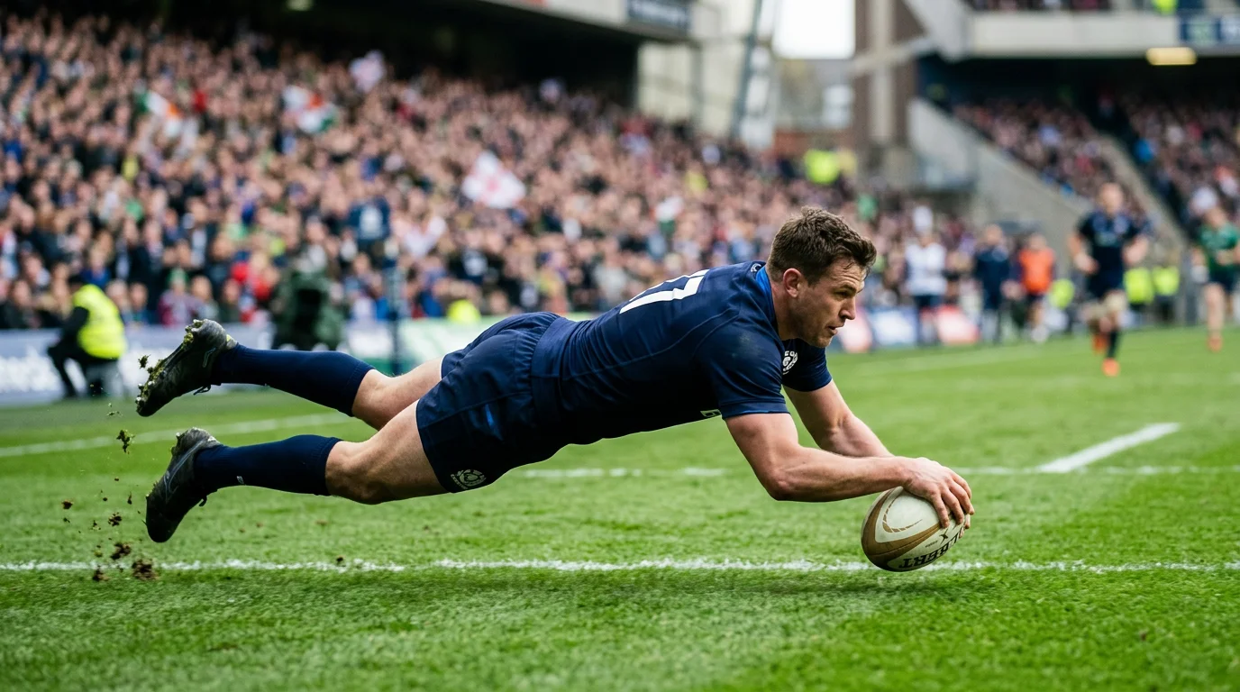 Jugador de Super Rugby cruzando la línea de ensayo en un partido con estadísticas de anotación superpuestas
