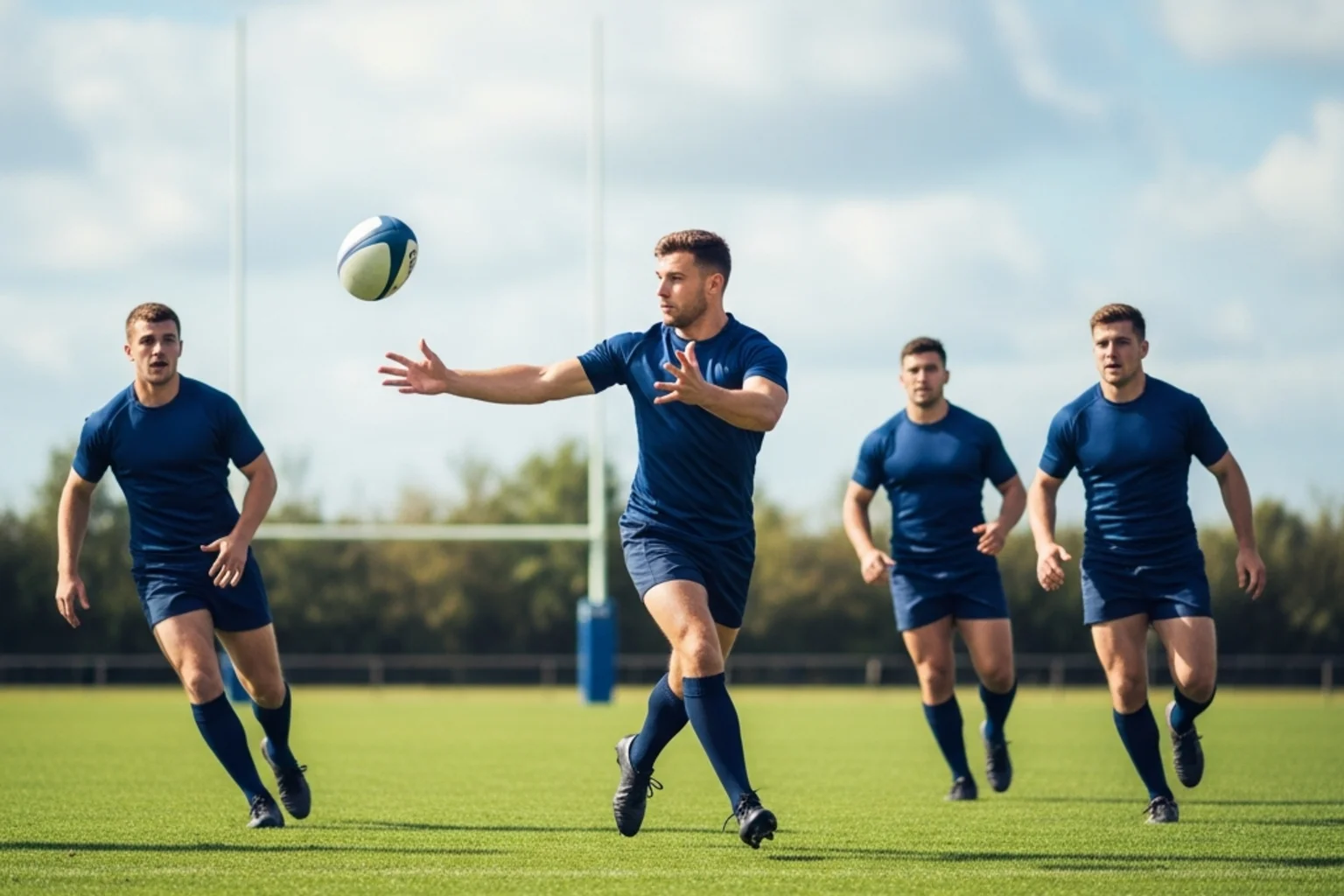 Jugadores de rugby en acción durante un partido de Super Rugby Pacific con pase abierto