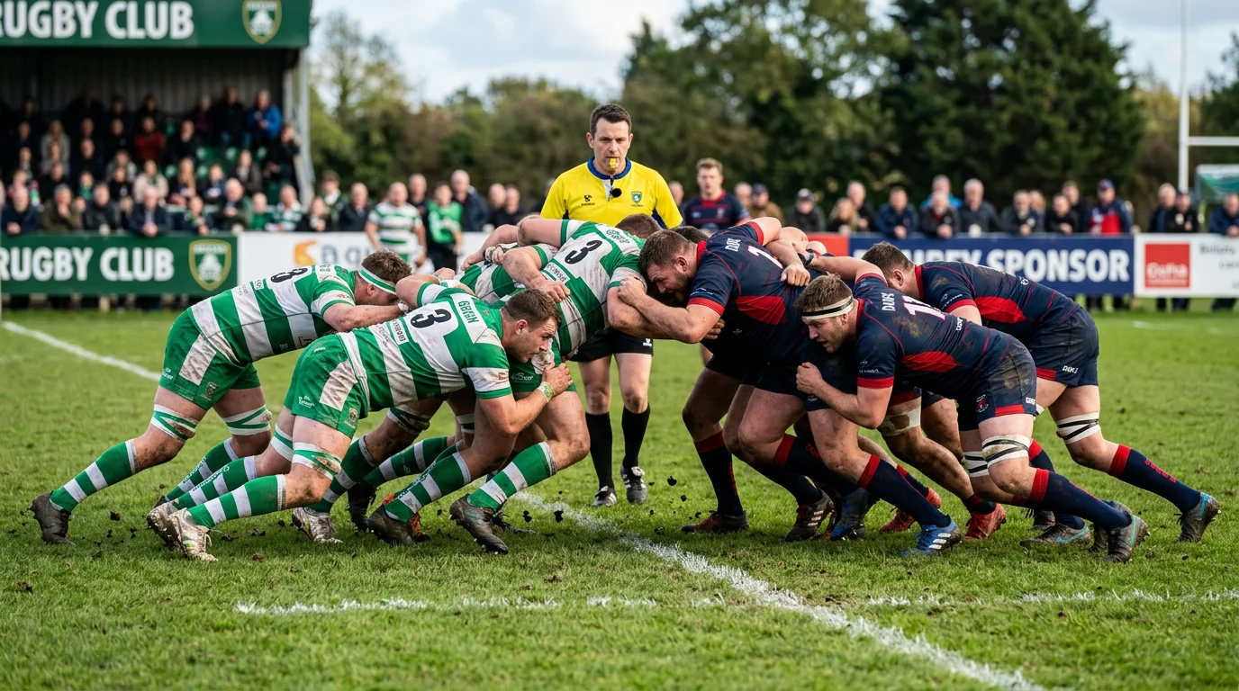 Scrum de Super Rugby con métricas de eficiencia superpuestas mostrando tiempos y porcentajes de éxito