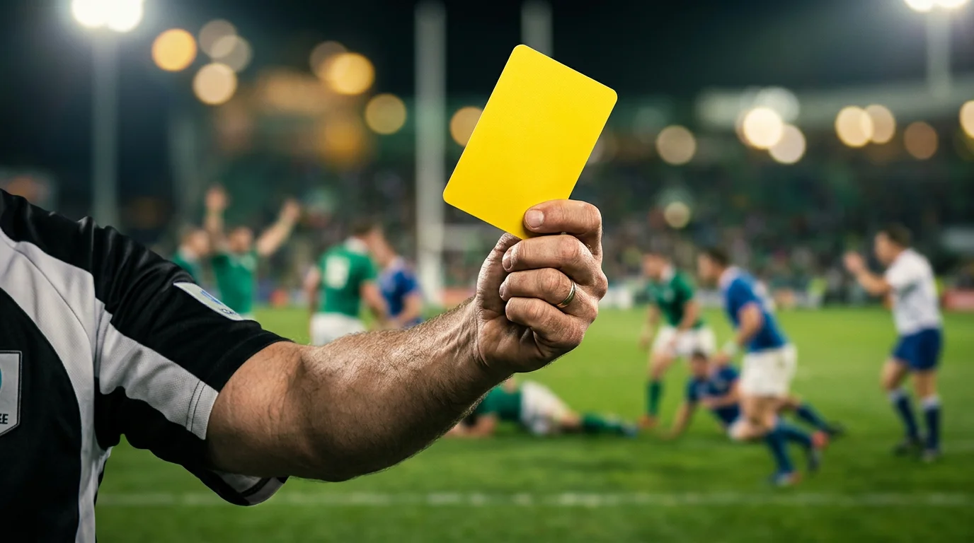 Árbitro de rugby mostrando tarjeta amarilla con indicadores de cambio de cuotas en vivo superpuestos